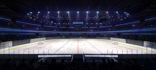 grand ice hockey arena inside view illuminated by spotlights, hockey and skating stadium indoor 3D render illustration background, my own design © LeArchitecto