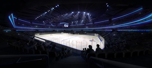 ice hockey arena interior angle view illuminated by spotlights, hockey and skating stadium indoor 3D render illustration background, my own design