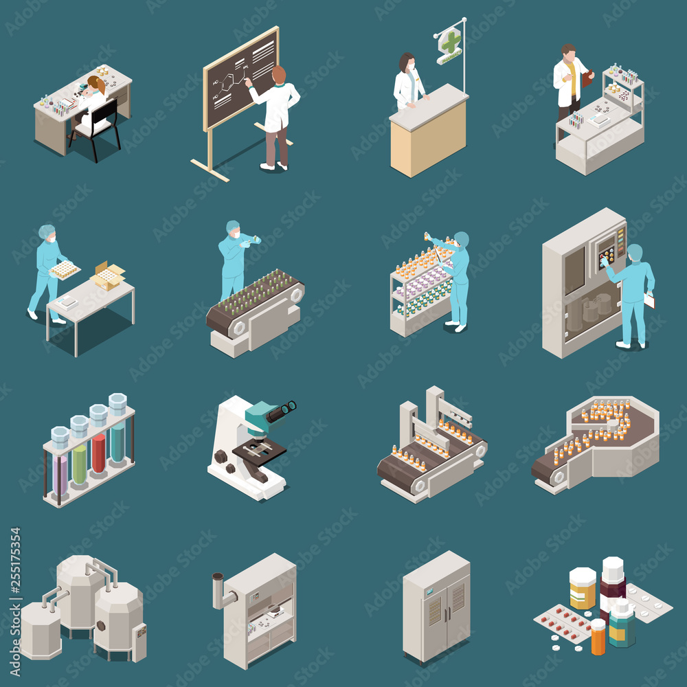 Poster Pharmaceutical Production Isometric Icon Set