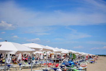 Fototapeta na wymiar the beautiful beach with umbrellas and deck chairs