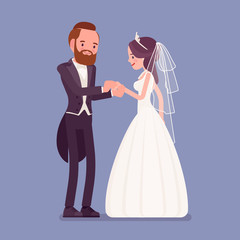 Bride, groom exchange of wedding rings ceremony. Elegant tuxedo man, woman in beautiful dress on traditional celebration, married couple in love. Marriage customs and traditions. Vector illustration