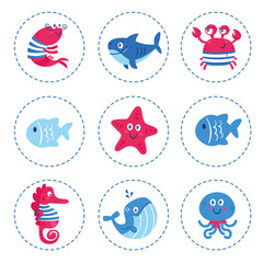 Vector set of sea animals: fish, shark, whale, octopus, star, seahorse, crab. Marine theme design. Illustration for clothes, anniversary, birthday, party invitations, scrapbooking, cards and sticker. 