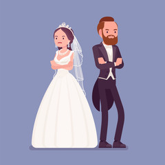 Angry offended bride and groom on wedding ceremony. Unhappy tuxedo man and woman in beautiful dress on traditional celebration, sad married couple. Marriage customs and traditions. Vector illustration