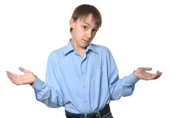Portrait of young emotional boy isolated on white background