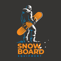 Fototapeta na wymiar Snowboard vector emblem. Snowboarder standing of the top