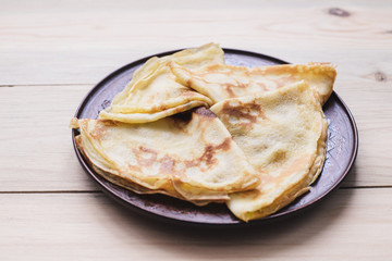 Russian thin blini Pancakes . Maslenitsa Maslenitsa is a Maslenitsa food festival. Top view with copy space