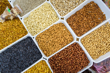 a dry nuts mix in store showcase.