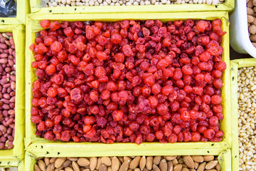 a dried red cranberries background, horisontal photo