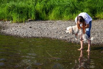 summer tourism and travel. a teenage girl in a white t-shirt with long hair holds a white poodle over the water. bathing the dog