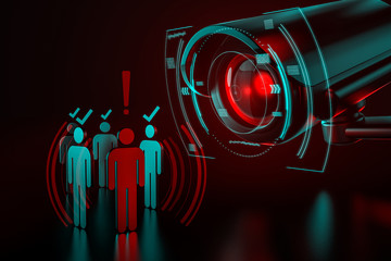 Giant camera checkes group of people as a metaphor of AI-driven (artificial intelligence) surveillance system taking control over world we know concept. 3D rendering - obrazy, fototapety, plakaty