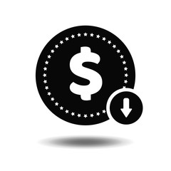 Flat dollar icon isolated on transparent background.  Fall in the dollar. Coin sign with shadow. Vector illustration.