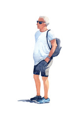 Man in black sunglasses, white t-shirt, gray shorts and blue sneakers with a black backpack on his back on a sunny day. Watercolor illustration.