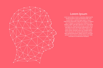 Head human silhouette from abstract futuristic polygonal white lines and dots on pink rose color coral background for banner, poster, greeting card. Vector illustration.