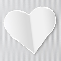 White paper heart shape with torn edges is on squared transparent background. Suitable as greeting card. Vector illustration.