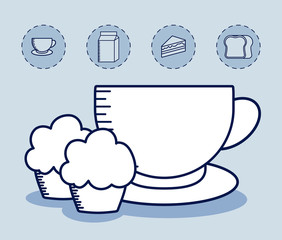 cup coffee with cupcake and set icons