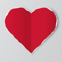 Red paper heart shape with torn edges is on squared white transparent background. Suitable as greeting card. Vector illustration.