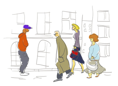 Hurring people warking down the streen. Urban.