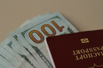 Euro and dollar banknotes laid out in a passport, close-up