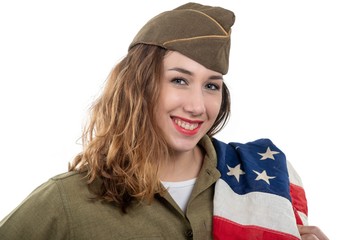 pretty young woman in ww2 uniform us with american flag