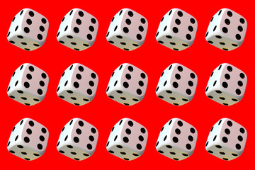 Close up of many playing dice, rotating on red background.