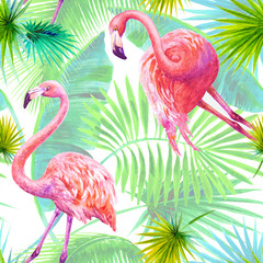 Tropical summer arrangements with flamingos, palm leaves and exotic orchids flowers. Watercolor illustration. Seamless pattern