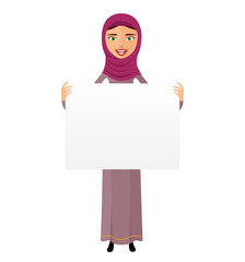 Arab business woman holding sign or banner isolated on white background vector