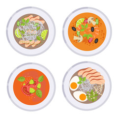 Menu concept. Collection of different soups. Vector illustration.