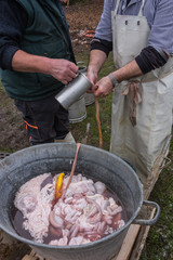 House slaughter of a pig, cleaning the intestines