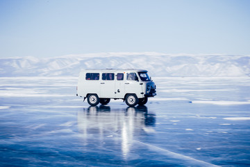 Baikal Lake in winter. Winter tourism in Russia.