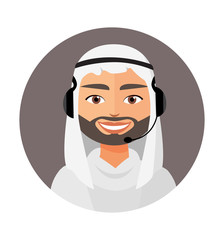 Call center arab man operator with headset icon client services phone assistance vector illustration 