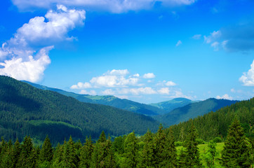 beautiful landscape view of forest mountains, blue sky with clouds