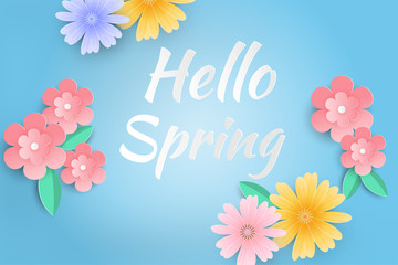 Hello Spring sale background with beautiful paper flowers.
