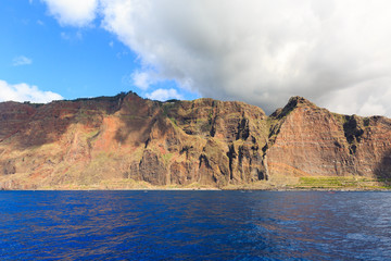 Fototapeta na wymiar Beautiful view of the big cliffs of the island Madeira, seen from the Atlantic ocean, with the Cabo Girao viewpoint on top