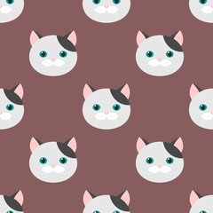 Cat. flat feline head. seamless pattern, vector background.