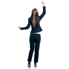 Business woman happiness smiling hands up on white background isolation, back view