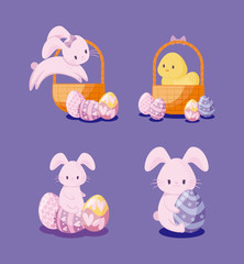 set of cute rabbits and chicken of easter