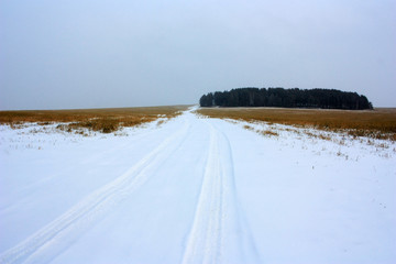 Snow-covered dirt road in the field