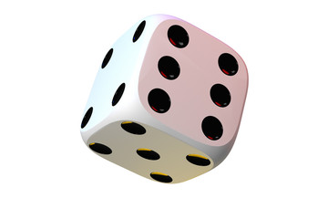 Close up of white playing dice, rotating on white background.