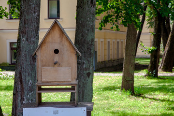 Large birdhouse from wooden planks for birds in the park