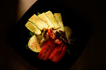 Grilled vegetables in a cast iron grilling pan, view from above
