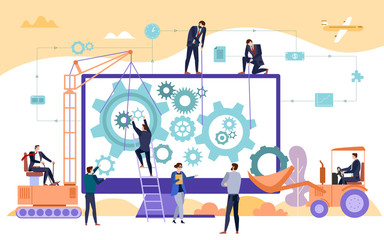 Business people and engineers project management and building concept. Flat vector with gears and construction equipment. Team working hard on digital project development.