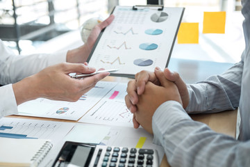 Executive business team brainstorming on meeting to planning investment project working and strategy of business making conversation with partner and consultation of collaboration