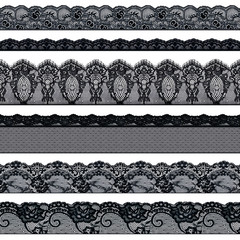 Set of elegant black lace ribbons on a white background. Lace braid. - obrazy, fototapety, plakaty