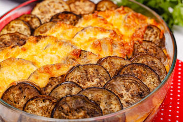 Greek Moussaka dish with minced meat, aubergine and sauce bechamel. Close up