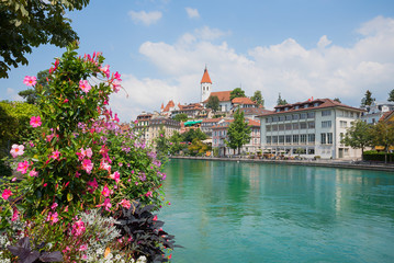 Fototapeta na wymiar Blumensäule an der Aare, Fluss durch Thun mit Blick zur idyllischen Altstadt, Schweiz