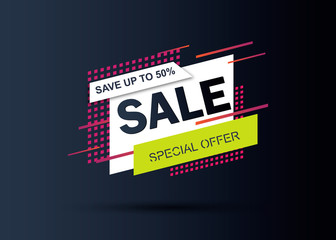 Fototapeta na wymiar Super Sale and special offer. 50 off. Vector illustration. Trendy neon geometric figures wallpaper in a modern material design style.