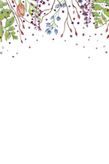 Colorful spring watercolor flower edges with bright flowers and glitter decor on the white isolated background. Floristic frame decor.