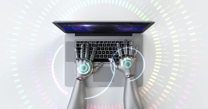 Futuristic robot hands using laptop computer. Technology related 4K computer animation. Perfect Loop.