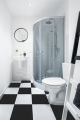 Bathroom with chessboard floor tiles
