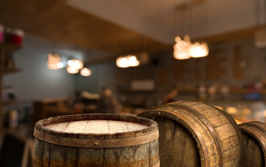 blurred background of bar and dark brown desk space of retro wood